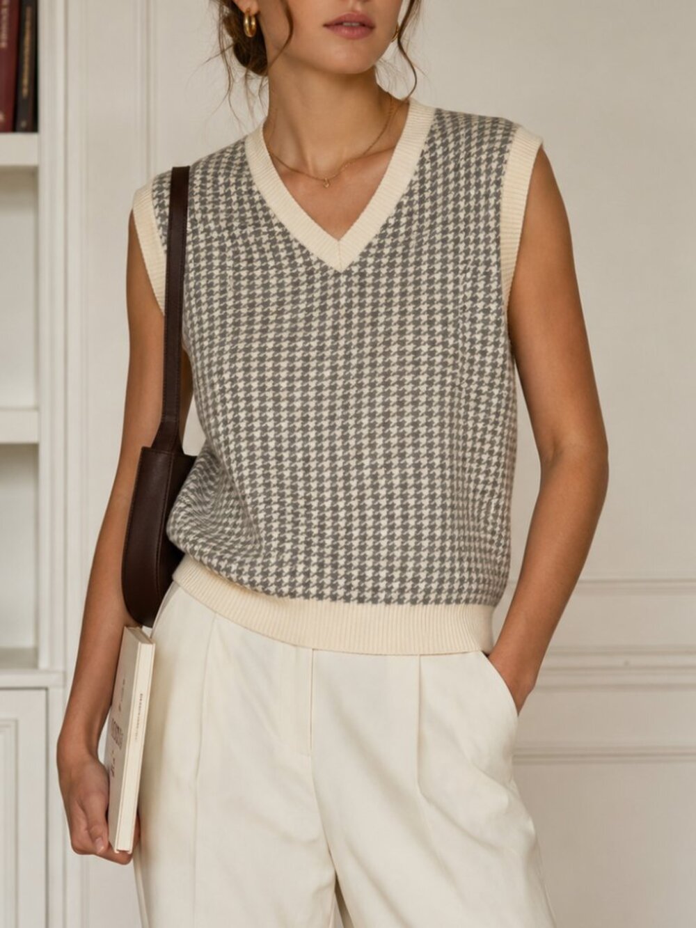 Grey and Cream Sweater Vest - houndstooth pattern